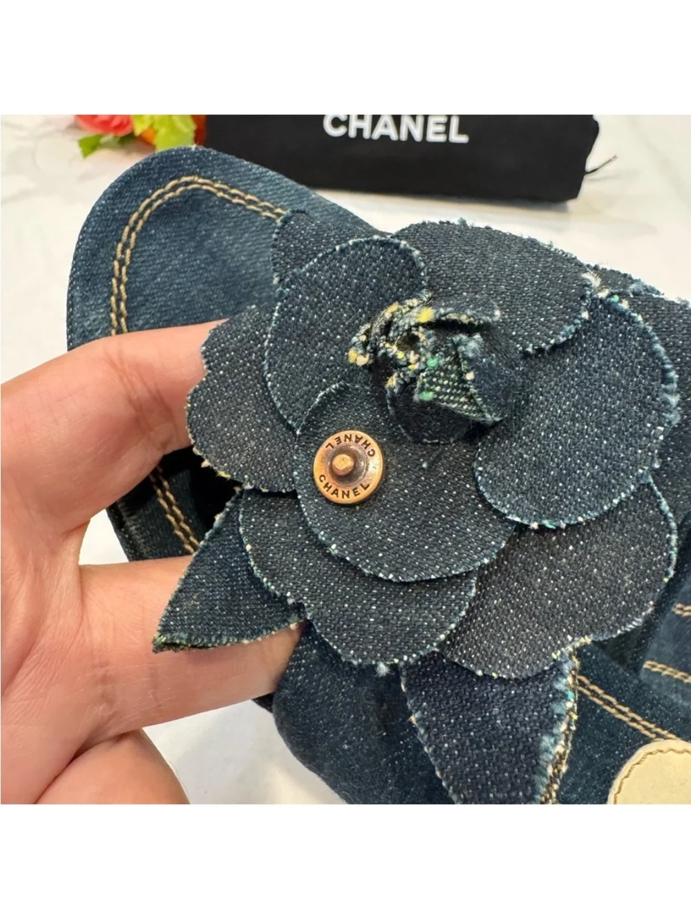Authentic  CHANEL Dark Blue Denim Slide Sandals with Flower Design